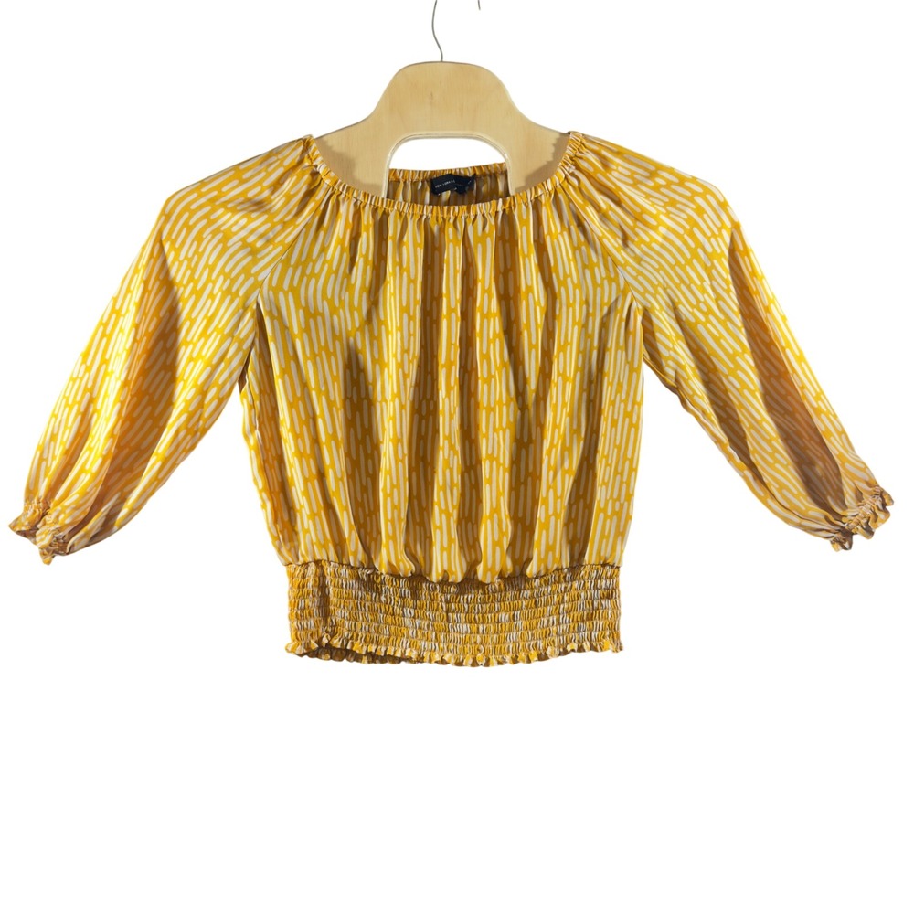412 | New York & Company Yellow Smocked Crop Blouse Boho Peasant Top M